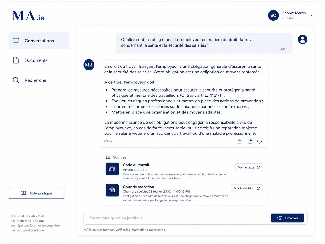 Interface de MA.ia affichant une réponse juridique avec ses sources